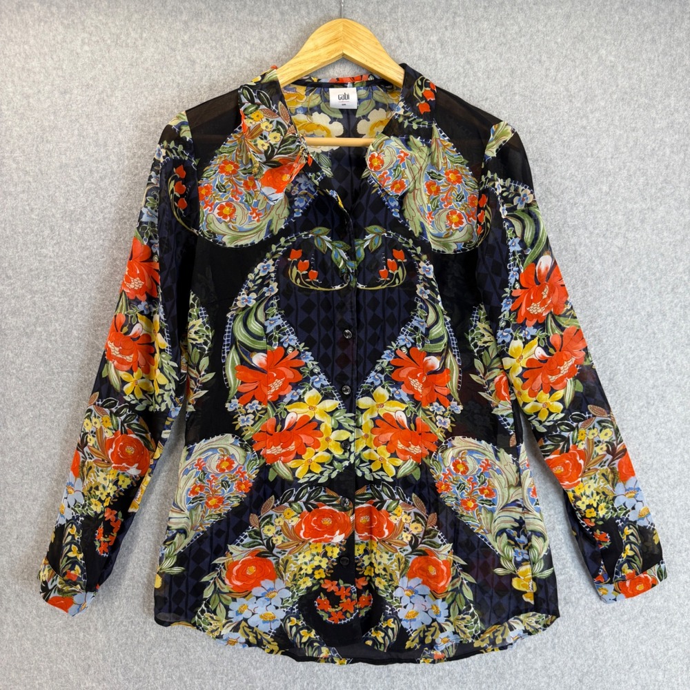 CAbi Size Small Amour Semi Sheer Floral Blouse Button Front Collared Western‎